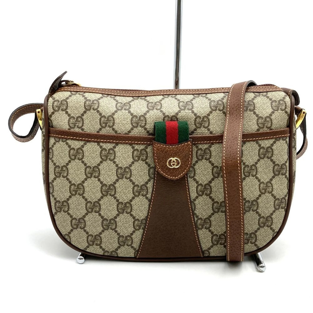 GUCCI (Old Gucci) 001-58 Sherry GG Supreme Shoulder Bag, Leather, Beige/Brown...